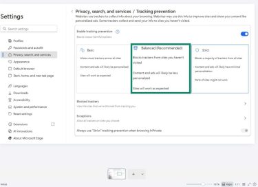 Microsoft Edge tracking prevention settings showing Basic, Balanced (selected), and Strict options under Privacy, search, and services