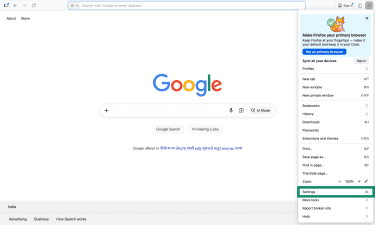 Firefox menu opened with Settings highlighted.