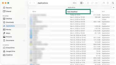 MacOS's Application folder with a highlighted over the Date Modified filtering option.