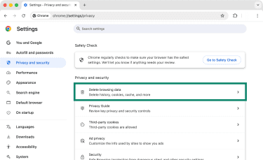 Chrome's settings panel with the Delete browsing data option highlighted.