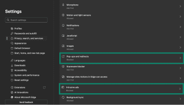 The "Pop-ups and redirects" and "Instrusive ads" option in Edge highlighted.