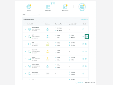 TP-Link router dashboard showing the list of connected Wi-Fi devices with the block option highlighted.