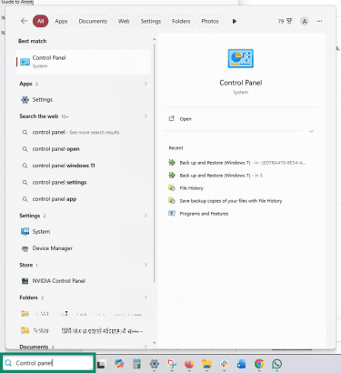 Control panel is typed in the Windows search bar.