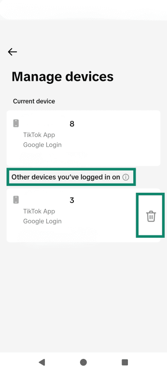 TikTok's connected devices page, highlighting other devices and the delete button.