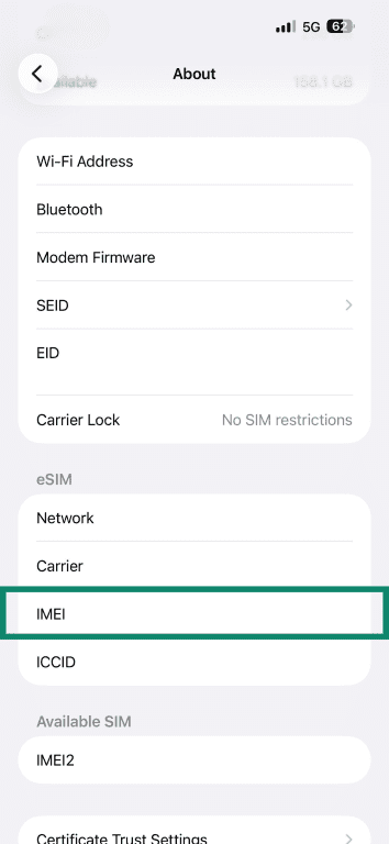 iPhone's About screen with the IMEI field highlighted.