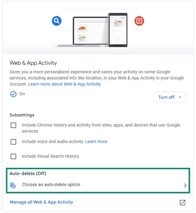 Activity controls page for Web & App Activity with the Auto-delete (Off) section highlighted.