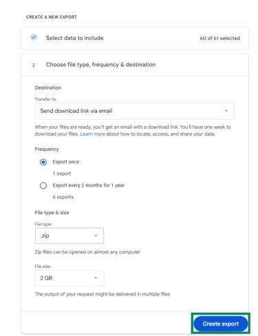 Google data export settings screen showing options for email delivery, export frequency, and ZIP file format selection.
