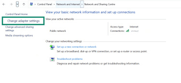 “Network and Sharing Centre” window with “Change adapter settings” highlighted in the left pane.