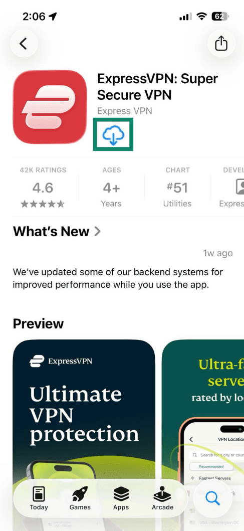 Downloadside for ExpressVPN på iOS