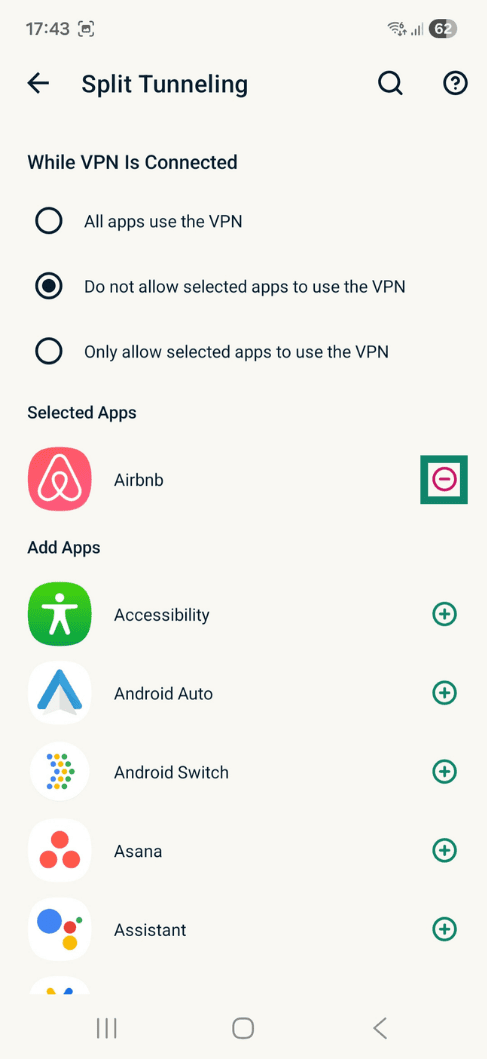 Indstillinger for opdelt tunnel i ExpressVPN-appen til Android.
