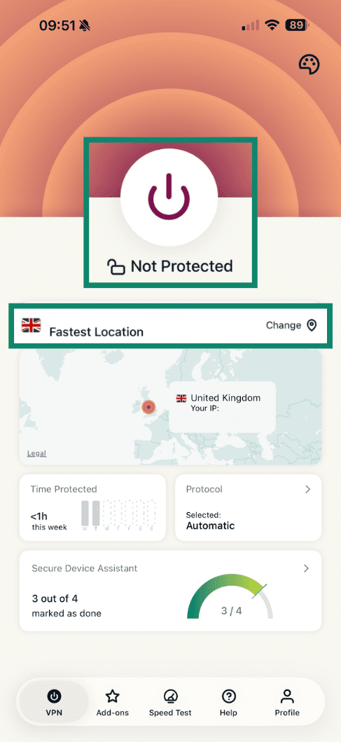 ExpressVPN's brugergrænseflade, der viser knappen Forbindelse og hurtigst placering.