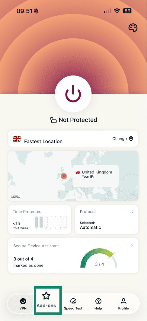 Fanen Tilføjelser i ExpressVPN-appen til iOS.