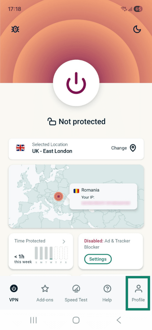Profilindstillinger i ExpressVPN-appen til Android.