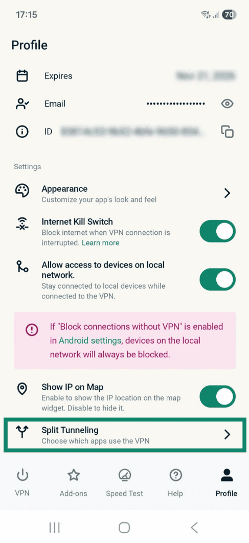 Indstillinger for opdelt tunnel i ExpressVPN's Android-app.