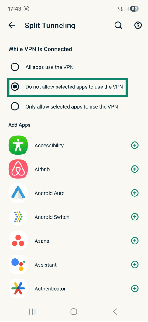 Indstillinger for opdelt tunnel i ExpressVPN's Android-app.