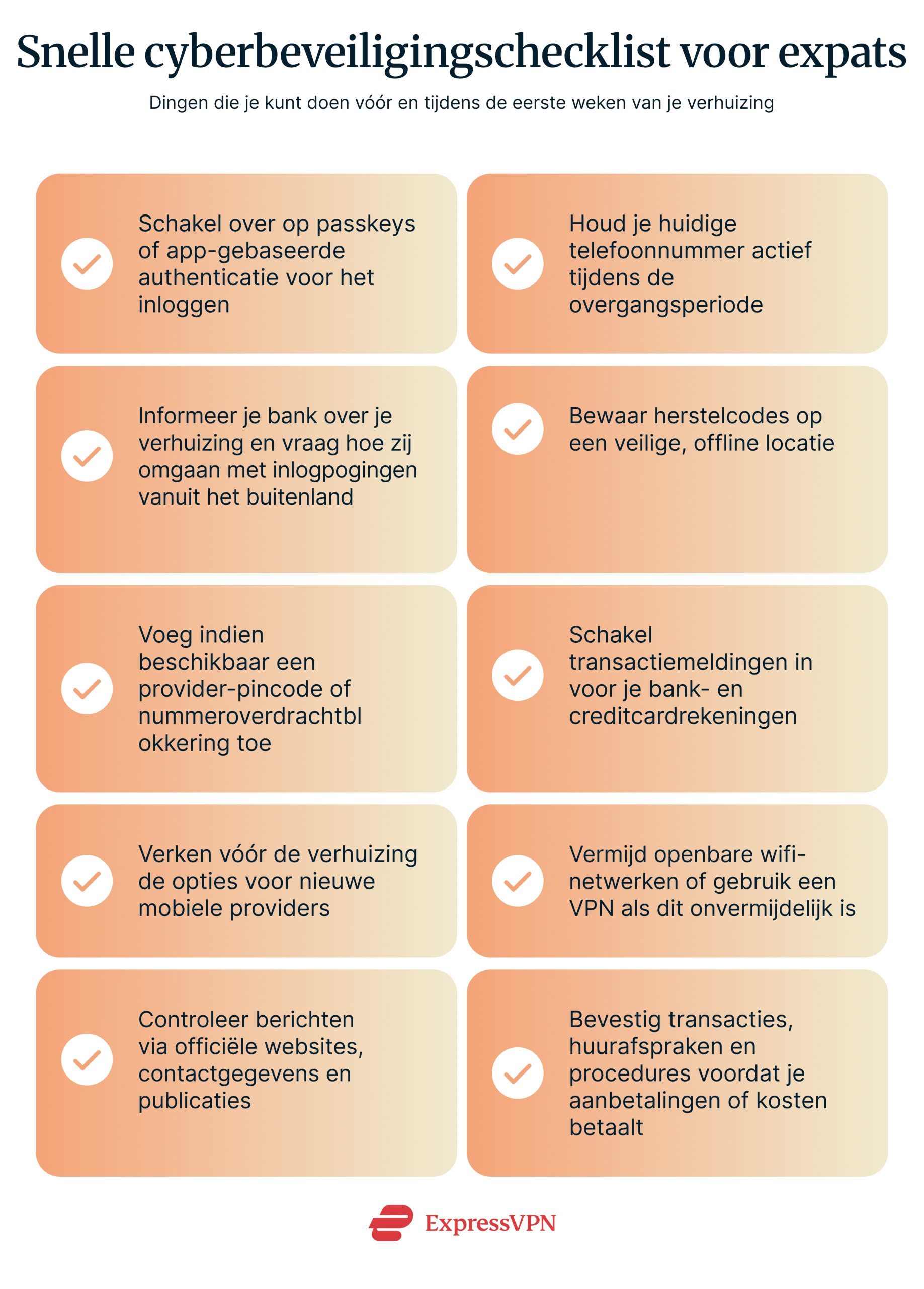 Cybersecurity checklist for expats for before and during the first few weeks of moving abroad: using passkeys or app-based authentication for logins, coordinating with your home bank, enabling port freeze on your old SIM, researching new carrier options, using a VPN on public Wi-Fi, and staying cautious of potential scams