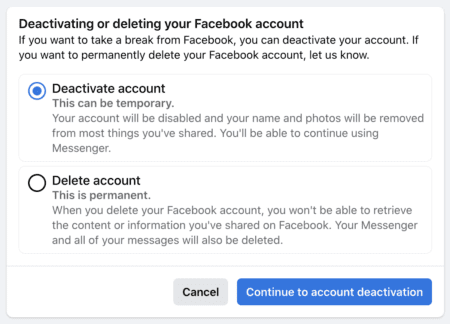 Excluir ou desativar conta do Facebook.