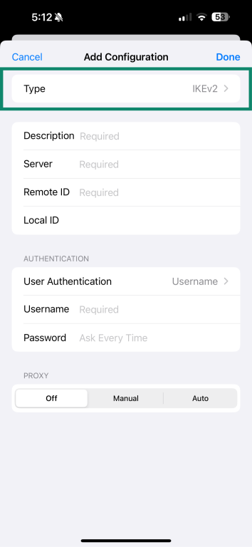 L2TP selected in Add VPN Configuration screen on iPhone.