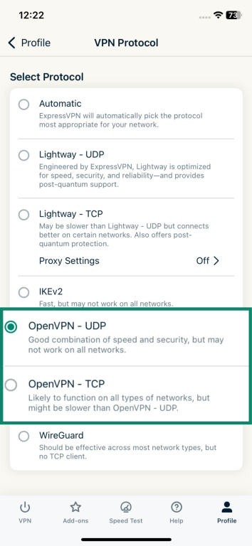 ExpressVPN app screen with Open VPN - UDP and OpenVPN - TCP options highlighted