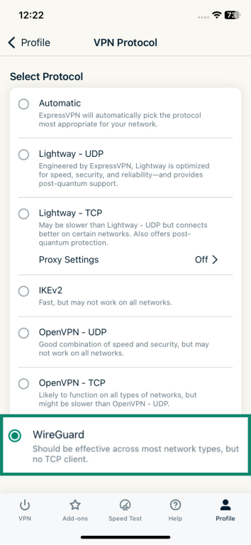 Screenshot of the ExpressVPN app with the “VPN protocol” tab open and “WireGuard” option highlighted