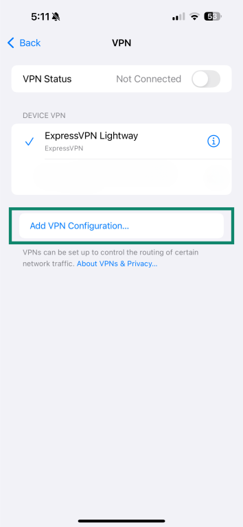 iPhone VPN settings screen to add VPN configuration.