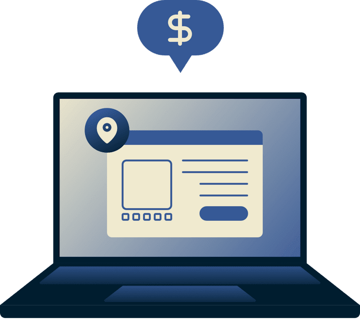 Laptop som viser et nettleservindu med en plasseringsnÃ¥l og et dollartegn over den.