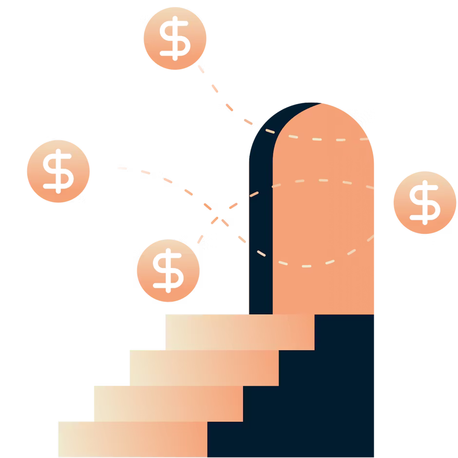 Scale che portano a una porta con segni del dollaro che ne escono.