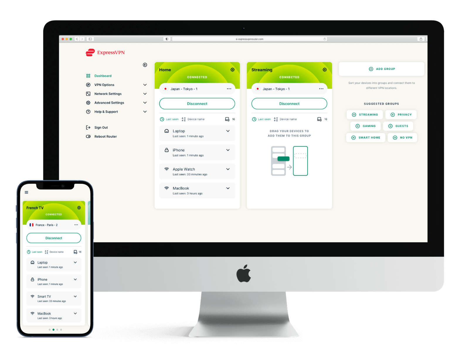 Multiple monitors with ExpressVPN router UI.